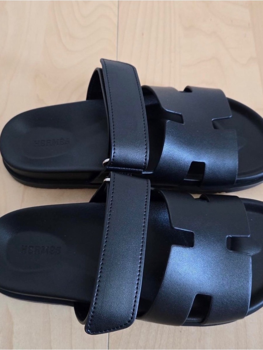 Hermes Black Leather H-Cut Slide Sandals for Men